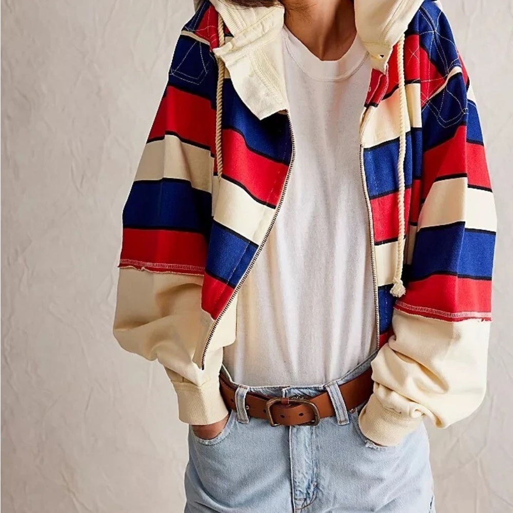 Free People Ry Zip Thru Sweatshirt Zip Hoodie We The Free Stripe Red IvoryBlue
